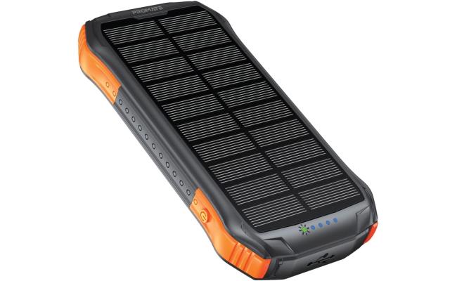 Promate Solar Power Bank, Portable 10000mAh Battery Charger with IP65 Water Resistant, 10W Qi Charger, 20W USB-C Power Delivery, QC 3.0 Port, 5V/2A USB Port and 300lm LED Light - Black
